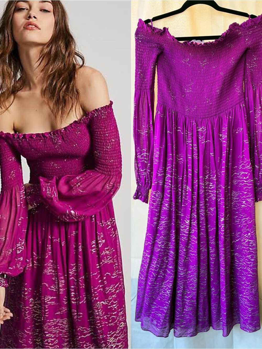 Free People Small Magenta Foiled Smock Off Shoulder Peasant Midi Dress